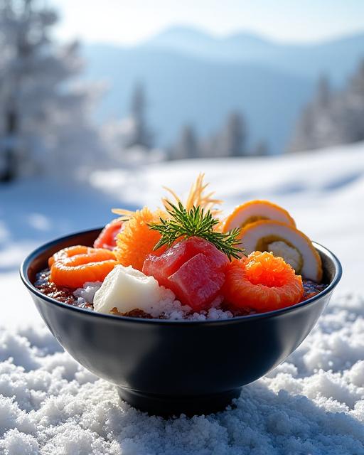 雪景色を背景にした北海道の新鮮な海鮮丼