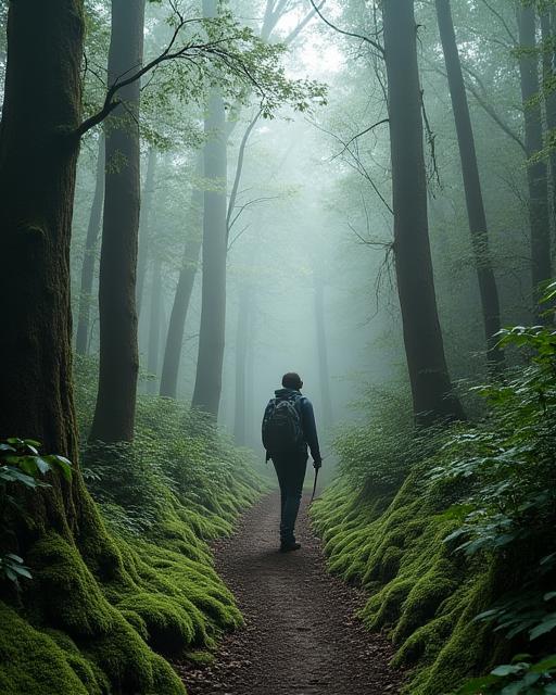 苔むした屋久島の森の中を歩くハイカー